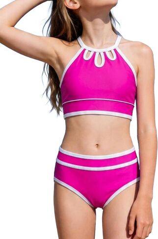 Teen Girls Swimsuit Two Piece Adjustable Shoulder Strap Color Block Bikini Sets with Removable Size 7-16 Years in Saudi Arabia
