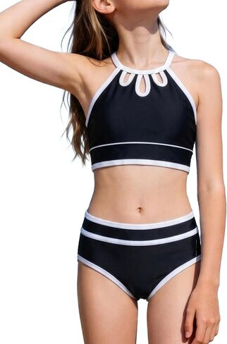Teen Girls Swimsuit Two Piece Adjustable Shoulder Strap Color Block Bikini Sets with Removable Size 7-16 Years in Saudi Arabia