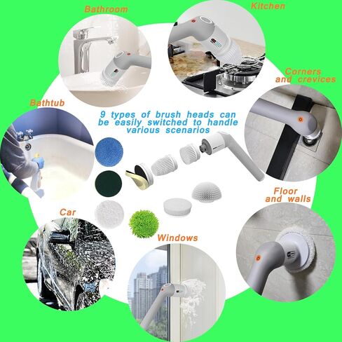 Electric Spin Scrubber,Bathroom Cleaner Brush with Full-Body IPX7 Waterproof,Shower Scrubber with Long Handle,Power Cleaning Brush with 9 Brush Heads,Cordless Scrubber for Kitchen,Tub,Tile,Galss,Floor in Saudi Arabia