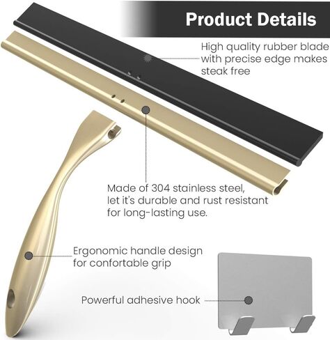 Shower Squeegee with Self Adhesive Hook, 14 Inches Stainless Steel Squeegee Cleaner, All-Purpose Window Scraper for Bathroom Doors, Mirror, Windows and Car Glass, Light Gold in Saudi Arabia