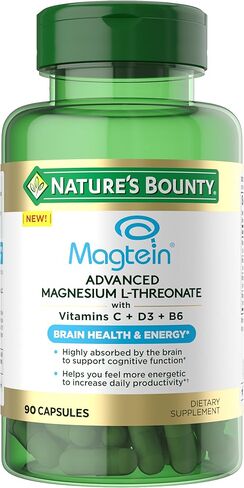 Nature’s Bounty Magnesium L-Threonate – Advanced Magnesium Supplement with Vitamin C, Vitamin D3, and Vitamin B6 – Supports Brain Health, Energy, Nerve & Immune Support Supplement – 90 Capsules in Saudi Arabia