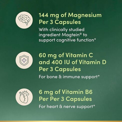 Nature’s Bounty Magnesium L-Threonate – Advanced Magnesium Supplement with Vitamin C, Vitamin D3, and Vitamin B6 – Supports Brain Health, Energy, Nerve & Immune Support Supplement – 90 Capsules in Saudi Arabia