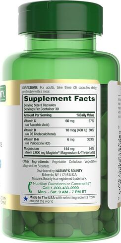 Nature’s Bounty Magnesium L-Threonate – Advanced Magnesium Supplement with Vitamin C, Vitamin D3, and Vitamin B6 – Supports Brain Health, Energy, Nerve & Immune Support Supplement – 90 Capsules in Saudi Arabia