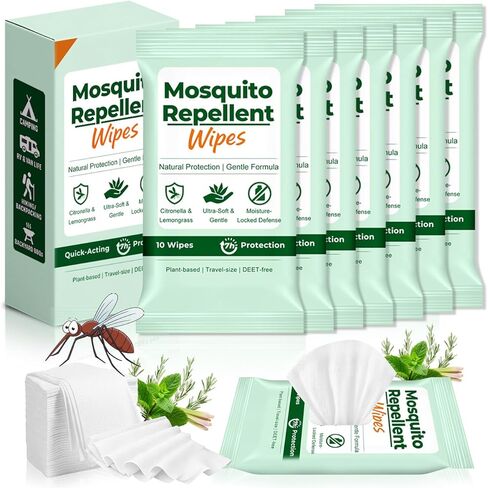 70 Count Natural Mosquito Repellent Wipes, Portable Travel-Size Insect Bug Repellent Wipes in Resealable Pouches, 10 Wipes per Pack, for Camping, Hiking, Travel, Patio Outdoor Protection in Saudi Arabia