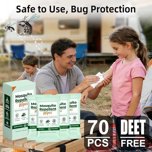 70 Count Natural Mosquito Repellent Wipes, Portable Travel-Size Insect Bug Repellent Wipes in Resealable Pouches, 10 Wipes per Pack, for Camping, Hiking, Travel, Patio Outdoor Protection in Saudi Arabia