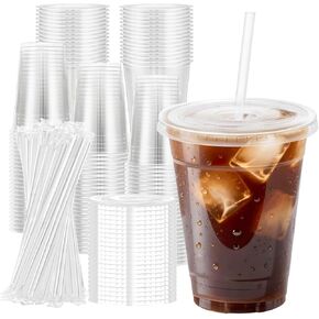 100 Pack 20 oz Plastic Cups with Lids and Straws, Disposable To Go Coffee Cups for Iced Coffee, Cold Drinks, Smoothie and Milkshake in Saudi Arabia