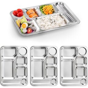 Fasmov 4 Pack Stainless Steel Rectangular Divided Dinner Tray, 6 Sections Stainless steel Metal Plate for Adults, Picky Eaters, Campers, and Portion Control in Kuwait