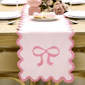 Pink Bow Table Runner 72 Inches Cute Embroidery Scalloped Table Runner Coquette Dining Decor for Wedding Birthday Baby Shower Spring Summer Home Decor in Kuwait