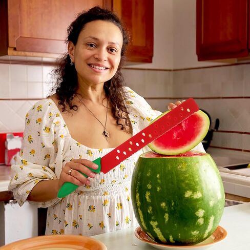 Garneck Watermelon Knife with Sleeve Serrated Watermelon Cutter: Multifunctional Long Melon Slicer Fruit Knife for Lettuce Melon Bread Cake Vegetables Home Restaurant Picnic Summer Camping Party in Kuwait