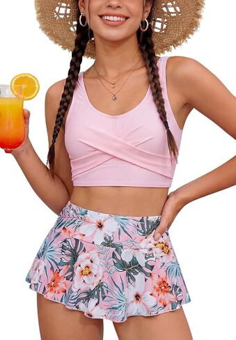 Happy Cherry Girls ملابس السباحة الاستوائية طباعة مجموعة البكيني 2 قطعة متقاطعة ملابس السباحة 9-16 سنة in Saudi Arabia