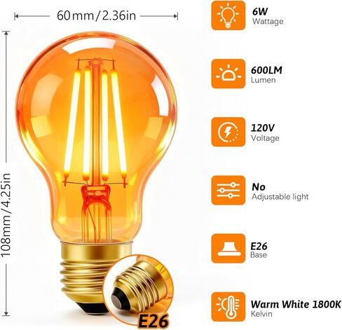 مصابيح إضاءة كهرمان A19 120 فولت 6 وات، 1800 كلفن دافئة وناعمة، لمبة إديسون LED عتيقة 60 وات مكافئة، 600 لومن، قاعدة متوسطة E26، غير قابلة للتعتيم، عبوتان in Kuwait