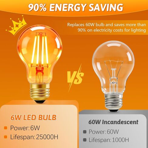 مصابيح إضاءة كهرمان A19 120 فولت 6 وات، 1800 كلفن دافئة وناعمة، لمبة إديسون LED عتيقة 60 وات مكافئة، 600 لومن، قاعدة متوسطة E26، غير قابلة للتعتيم، عبوتان in Kuwait