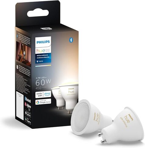 فيليبس هيو وايت أمبيانس 2-Pack LED Smart GU10 Bulb، Bluetooth & Zigbee متوافق (Hue Hub اختياري)، صوت نشط مع Alexa in Saudi Arabia