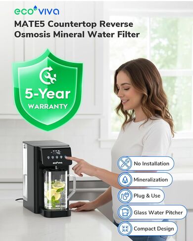 فلتر مياه تناضح عكسي للسطح من Ecoviva Mate 5، نظام تنقية المياه RO ذو 8 مراحل مع إبريق ماء 40 أونصة، تمعدن قلوي pH+، تصميم مضغوط، خالي من مادة BPA، أسود in Kuwait