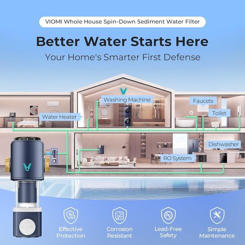VIOMI 40 Micron Spin Down Sediment Filter, Backwash Whole House Water Filtration System for City Water, NSF/ANSI 372 Certified, Reusable Pre-Filtration System, 1" MNPT + 3/4" MNPT, BPA-Free in Saudi Arabia