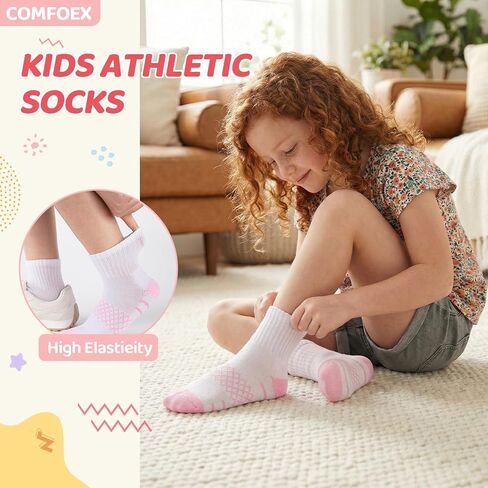 Comfoex Girls Quarter Socks Crew Athletic Socks For Little Big Kids 4-7 8-10 Years Old With Cushioned Sole 10 Pairs in Saudi Arabia