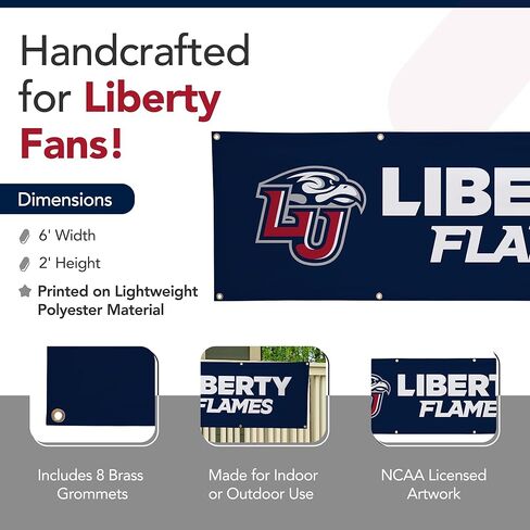 لافتة بوليستر مطبوعة من Liberty Flames College Sports - مرخصة من الرابطة الوطنية لرياضة الجامعات (NCAA) - زينة التخرج المعلقة - لافتة مدرسية (أزرق داكن، أحمر) (2 × 6 بوصات) in Kuwait