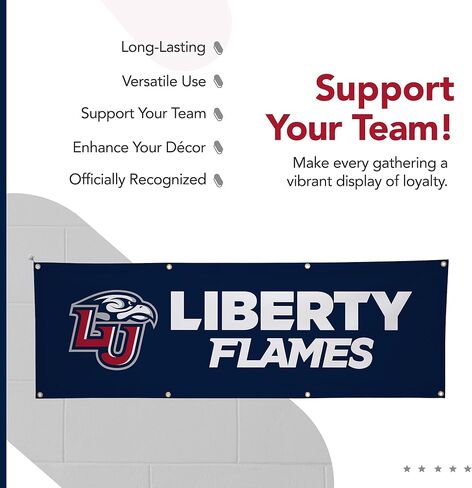 لافتة بوليستر مطبوعة من Liberty Flames College Sports - مرخصة من الرابطة الوطنية لرياضة الجامعات (NCAA) - زينة التخرج المعلقة - لافتة مدرسية (أزرق داكن، أحمر) (2 × 6 بوصات) in Kuwait