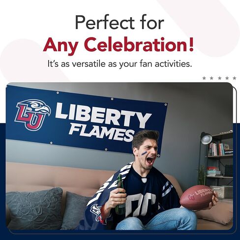 لافتة بوليستر مطبوعة من Liberty Flames College Sports - مرخصة من الرابطة الوطنية لرياضة الجامعات (NCAA) - زينة التخرج المعلقة - لافتة مدرسية (أزرق داكن، أحمر) (2 × 6 بوصات) in Kuwait