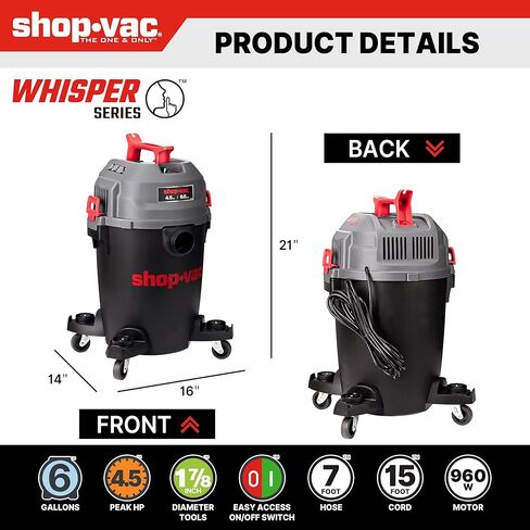 Shop-Vac مكنسة كهربائية فائقة الهدوء للمتجر الرطب والجاف، 4.5 حصان، مكنسة كهربائية رطبة/جافة قوية مع ملحقات، خرطوم 1-7/8 بوصة × 7 قدم، سلك 15 قدم، مثالي لموقع العمل، المرآب، ورشة العمل والمنزل، 5430541 in Saudi Arabia