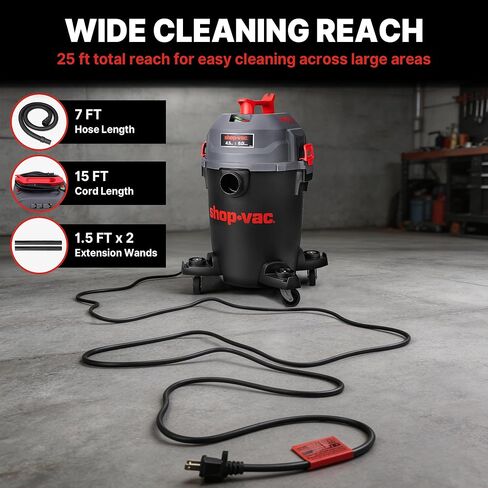 Shop-Vac مكنسة كهربائية فائقة الهدوء للمتجر الرطب والجاف، 4.5 حصان، مكنسة كهربائية رطبة/جافة قوية مع ملحقات، خرطوم 1-7/8 بوصة × 7 قدم، سلك 15 قدم، مثالي لموقع العمل، المرآب، ورشة العمل والمنزل، 5430541 in Saudi Arabia