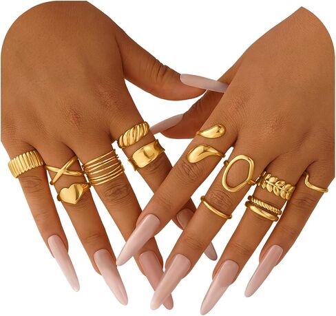 Yoosteel 12 PCS Hypoallergenic Chunky Gold Plated Rings for Women Non Tarnish - 14K Gold Plated Thick Stackable Open Rings for Women Dainty Gold Adjustable Ring Stack Set Trendy Jewelry Gift in Saudi Arabia