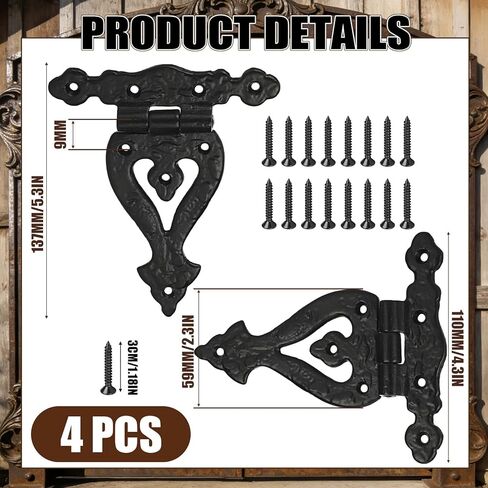 Antique Wrought Iron Vintage Heavy Duty T Hinges 5.3'' Black Powder Coated Wrought Iron Flush Mount Hinge with Hardware for Barn Door Cabinet Wardrobe Shed Window Wooden Box Chest(4 Pack) in Saudi Arabia