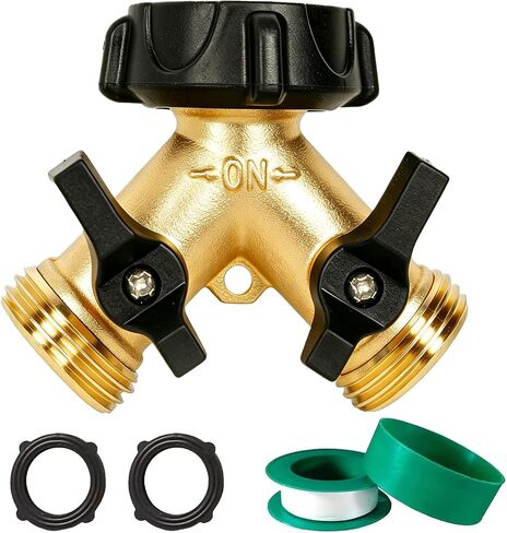 Brass Garden Hose Splitter 2 Way, Hose Y Splitter 3/4 Inch Heavy Duty Brass Hose Connector Tap Splitter, Hose Spigot Adapter 2 Valves with Rubber Washers (1 Pack) in Saudi Arabia