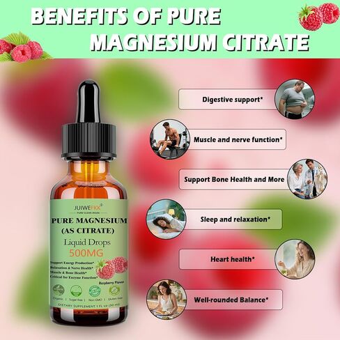 Pure Magnesium Citrate 500mg Liquid Drops, High Absorption Chelated Calm Magnesium for Sleep Relaxation Muscle Bone Nerve & Brain Health, Gentle on Stomach, Non GMO, Vegan for Women Men & Kids in Saudi Arabia