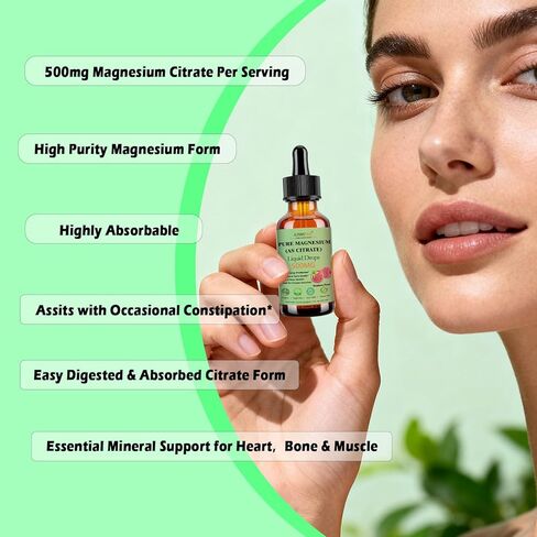 Pure Magnesium Citrate 500mg Liquid Drops, High Absorption Chelated Calm Magnesium for Sleep Relaxation Muscle Bone Nerve & Brain Health, Gentle on Stomach, Non GMO, Vegan for Women Men & Kids in Saudi Arabia