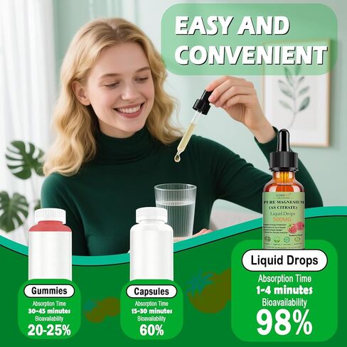 Pure Magnesium Citrate 500mg Liquid Drops, High Absorption Chelated Calm Magnesium for Sleep Relaxation Muscle Bone Nerve & Brain Health, Gentle on Stomach, Non GMO, Vegan for Women Men & Kids in Saudi Arabia