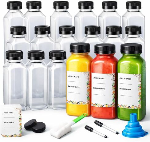 Plastic Juice Bottles with Caps, Reusable Leakproof, 250ml 350ml 500ml, Transparent, BPA Free, Square, 24 Count, for Juices and Smoothies (50, 12, Fluid Ounces) in Saudi Arabia