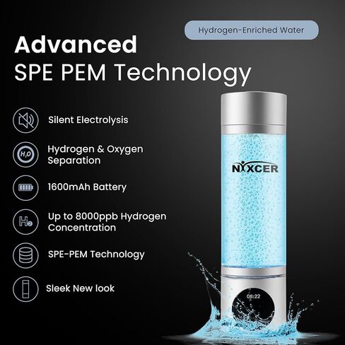 Hydrogen Pro Water Bottle – 8000PPB H2, SPE/PEM, OLED Display, Dual Mode (5/10 Min), USB-C Rechargeable – Portable Hydrogen Generator for Wellness, Recovery, Gym & Gift (Silver) in Saudi Arabia