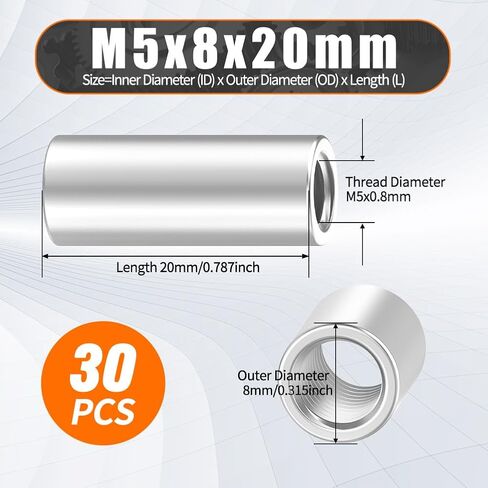 30 Pcs Round Coupling Nut, M5 x 0.8 Connecting Nuts 20mm/0.79" Length 304 Stainless Steel Threaded Round Connector Nuts, M5 x 8 x 20mm in Saudi Arabia