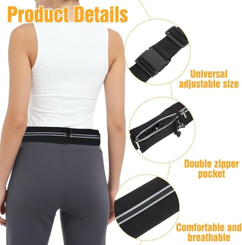 Slim Running Belt with 2 Pockets for women & Men,Runners Fanny Pack Phone Holder,Reflective Fanny Pack,Running Gear Accessories with Buckle(Black) in Saudi Arabia