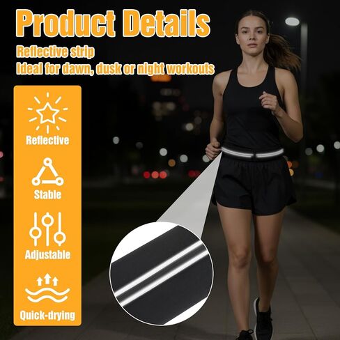 Slim Running Belt with 2 Pockets for women & Men,Runners Fanny Pack Phone Holder,Reflective Fanny Pack,Running Gear Accessories with Buckle(Black) in Saudi Arabia