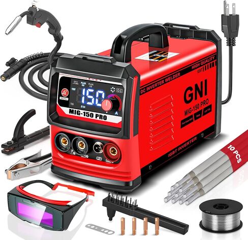 GNI Multiprocess Welder, MIG/TIG/Stick Welding Machine, IGBT Inverter Portable MINI Welder Machine 110V, Beginner-Friendly MIG Welder with Auto-Darkening Goggles, 150A Flux Core Welder for Home DIY in Saudi Arabia