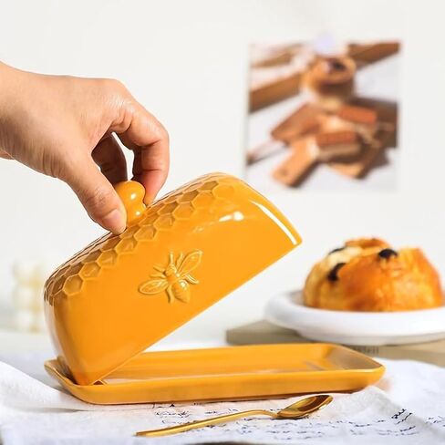 طبق زبدة سيراميك من انتظر فلاي مع غطاء قرص العسل وحاوية زبدة النحل علبة زبدة حافظة الزبدة لكونترتوب المطبخ in Kuwait