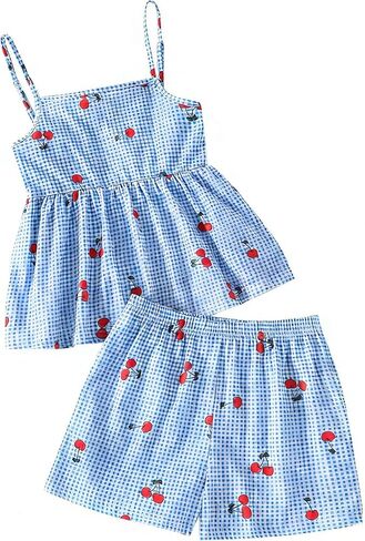Girls 2 Piece Summer Outfits Cute Plaid Smocked Cherry Sleeveless Camisole Top and Shorts Set in Saudi Arabia