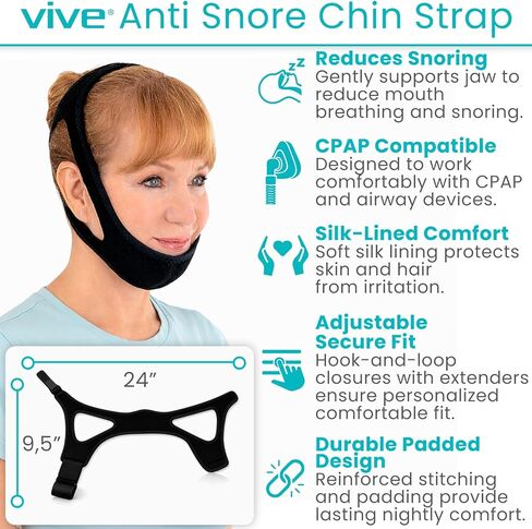 Vive Anti Snore Chin Strap for Sleeping - Stop Snoring Solution for CPAP Users - Airflow Head Band Device for Sleep Apnea Relief - Breathe Right, Mouth Breathing Prevention Accesories (Black) in Saudi Arabia