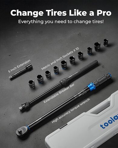 toolant 13PCS 1/2 Inch Click Torque Wrench Set, Gift for Men, 25-250 FT.-LB/33.9-339.0 Nm, With Breaker Bar & 5-Inch-Extension & 10 Sockets, Tire Repair Tool Set in Saudi Arabia