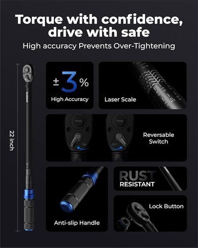 toolant 13PCS 1/2 Inch Click Torque Wrench Set, Gift for Men, 25-250 FT.-LB/33.9-339.0 Nm, With Breaker Bar & 5-Inch-Extension & 10 Sockets, Tire Repair Tool Set in Saudi Arabia