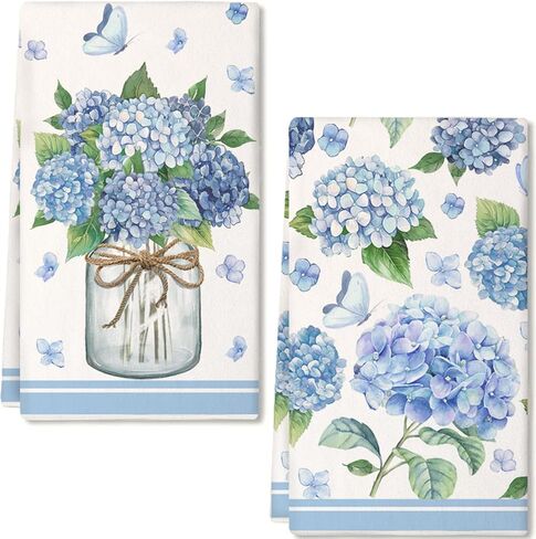 مجموعة مناشف المطبخ الربيعية من GEEORY Hydrangea Spring مقاس 2.18 × 26 بوصة، أقمشة أطباق صيفية زهرية - تصميم مزرعة زهور أرجوانية، مناشف يد للعطلات لديكور الربيع والهدايا in Kuwait