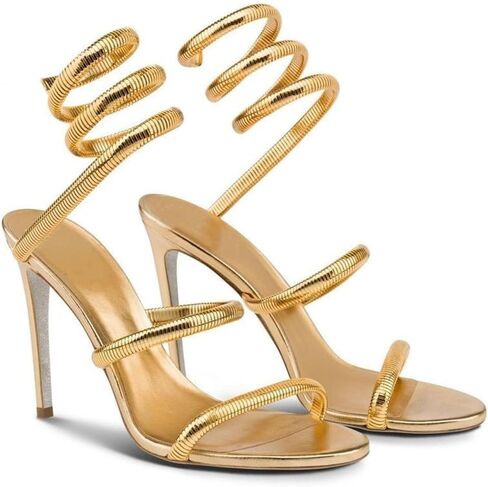 Perixir Gold Spiral Heeled Songals ، Gold Sparkly Rhinestone Cheels ، Wrap Sexy Ongle Clost حوالي 3.9 بوصة من الكعب حفلة موسيقية مدببة ، وكعوب من الخنائية الحلزونية ، وصندل الكعب الكريستالي الفاخر ، ولف الأفعى 2023 Club Handmade Heels Heels ، و Open Ende  in Kuwait