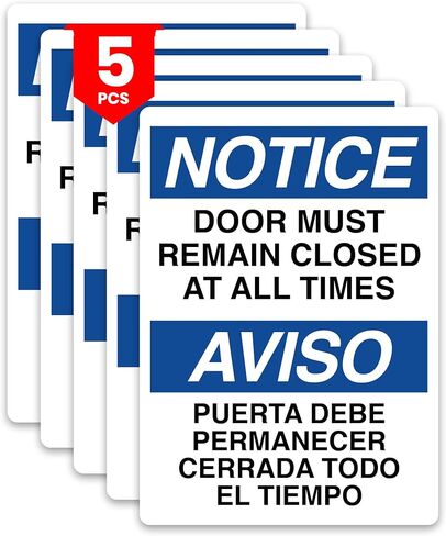 5 x Notice Door Must Remain Closed Stickers 7x5 Inches | Self-Adhesive, Waterproof, UV Laminated Vinyl Decals | NOTICE/AVISO – Door Must Remain Closed Sign | Indoor/Outdoor Use in Saudi Arabia