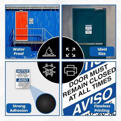 5 x Notice Door Must Remain Closed Stickers 7x5 Inches | Self-Adhesive, Waterproof, UV Laminated Vinyl Decals | NOTICE/AVISO – Door Must Remain Closed Sign | Indoor/Outdoor Use in Saudi Arabia