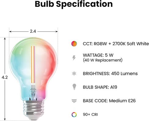 Feit Electric Smart LED Light Bulb, 40W Eq, Color Changing, Dimmable, Works with Alexa & Google Home, Wi-Fi Enabled, Straight Filament Glass Design, 90+ CRI, 15,000-Hour Lifetime, A1940/CL/RGBW/FIL/AG in Saudi Arabia