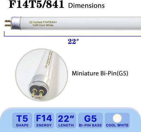 amgolibi T5 14W 4100K Fluorescent Tube, 22 Inches F14T5/841 Straight Fluorescent Bulb, F14T5/CW Fluorescent Lamp for Counter and Cabinet Fixture, Cool White 1250 Lumen G5 Base in Saudi Arabia