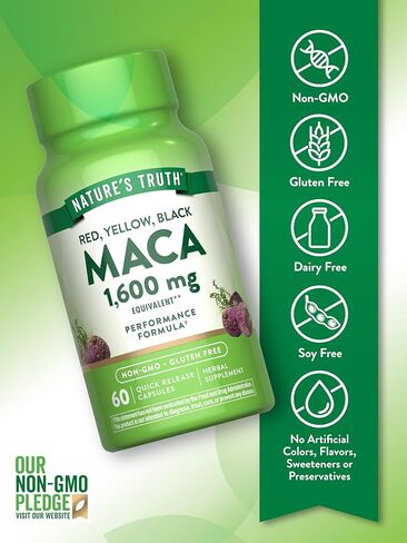 Nature's Truth Maca Root | 60 Quick Release Capsules | Red, Yellow, and Black | Performance Formula | Non-GMO & Gluten Free Supplement in Saudi Arabia