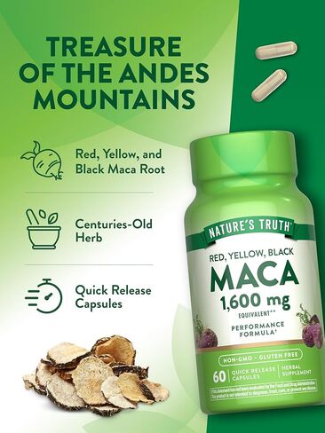 Nature's Truth Maca Root | 60 Quick Release Capsules | Red, Yellow, and Black | Performance Formula | Non-GMO & Gluten Free Supplement in Saudi Arabia